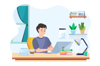 Young man using laptop for working at home,in cartoon character,new normal lifestyle