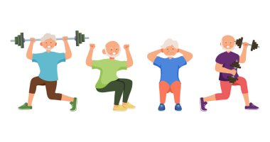 Yaşlı insanlar, beyaz arka planda izole edilmiş çizgi film karakteri egzersizleri yapıyorlar.