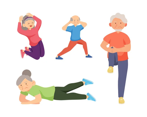 Old Aged People Doing Exercise Cartoon Character Isolated White Background — Stock Vector