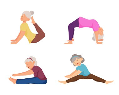 Yaşlı insanlar çizgi film karakteri olarak yoga yapıyor, beyaz arka planda izole edilmiş.