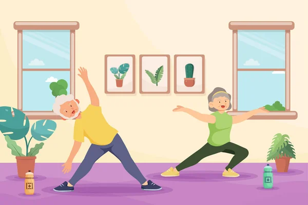 Vecchio Facendo Esercizio Yoga Casa Nel Personaggio Dei Cartoni Animati — Vettoriale Stock