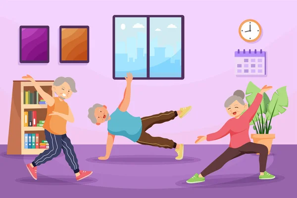 Old Aged Doing Yoga Exercise Home Cartoon Character Hobby Lifestyle — Stock Vector