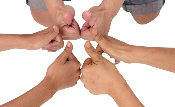 Mãos Humanas Mostram Gesto Dos Tocos Acima Sinal Mão Juntherness — Fotografia de Stock