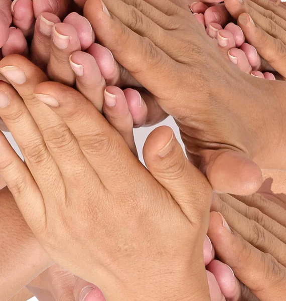 Mãos Humanas Tocam Alto Cinco Para Saudar Poder Tag Team — Fotografia de Stock