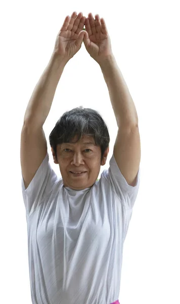 Alte Dame Rasie Hände Der Luft Für Stretching Körper Vor — Stockfoto