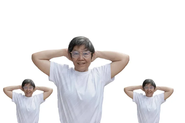 Old Lady Raise Hands Touch Back Her Head Stretching Body — Stock Photo, Image