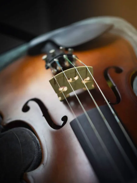 Frente Desfocada Violino Mostrar Detalhes Instrumento Acústico Luz Embaçada Redor — Fotografia de Stock