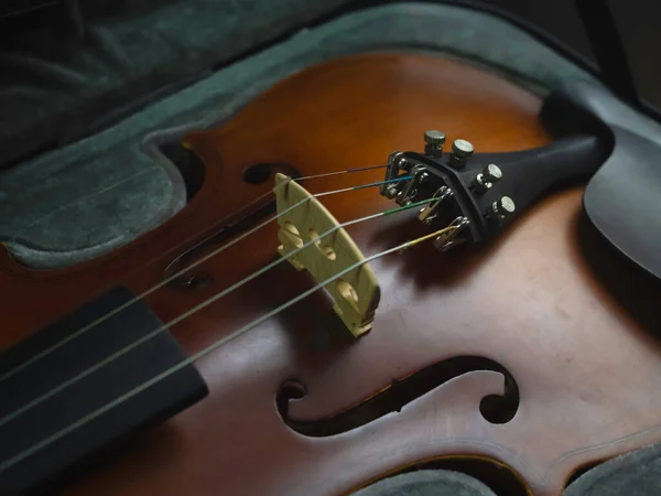 バイオリンの正面 音響機器の詳細を表示 周辺のぼやけた光 — ストック写真