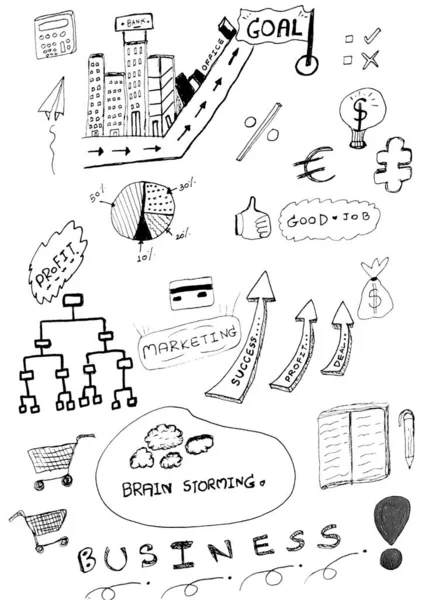 Business icons in cartoon character,with black ink on paper,doodle art design