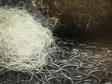 Köpek tüylerinin seçici odak noktası tımardan sonra zemin kata düşmesi, mevsimlik tüyler, hayvan yünü, bulanık ışık....