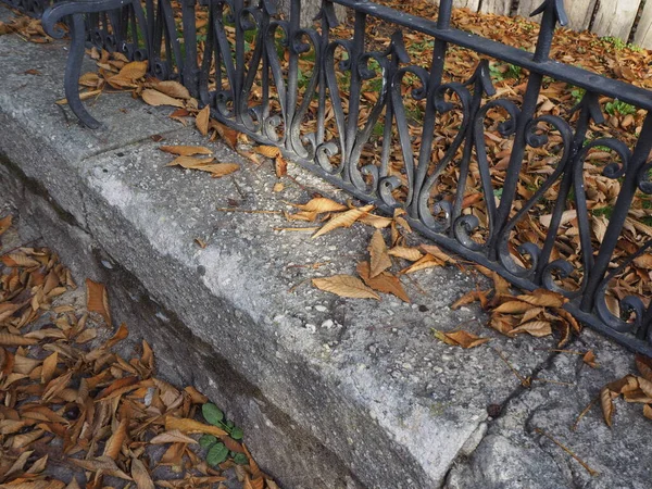 Jesienny Smutek Bukolowy Obraz Samotnej Fontanny Brązowymi Liśćmi Ziemi Pojęcie — Zdjęcie stockowe
