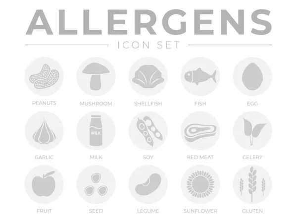 stock vector Light Allergens Icon Set. Peanuts, Mushroom, Shellfish, Fish, Egg, Garlic, Milk, Soy Red Meat, Celery, Fruit, Seed, Legume and Sunflower Gluten Food Allergy Icons