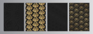 Siyah Altın Gül Zarif Arkaplan Doku Seti. Çiçek Çerçeve Koleksiyonu
