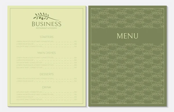 Дизайн Меню Ресторана Зеленом Желтом Цвете Оливковом Логотипе — стоковый вектор