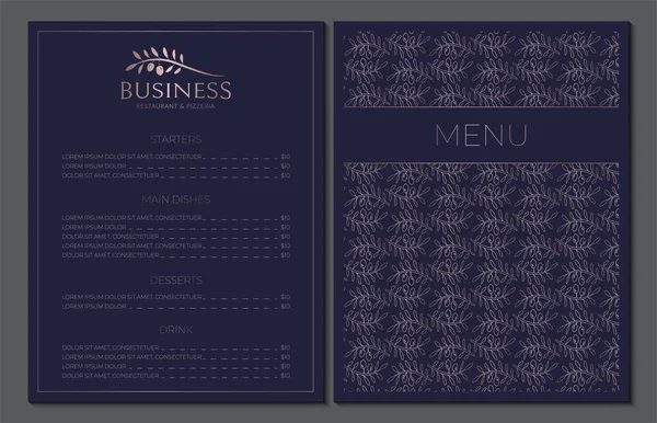 Élégant Menu Design Pour Restaurant Italien Méditerranéen Bleu Marine Rose — Image vectorielle