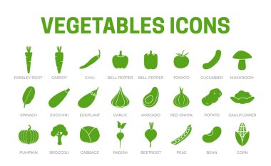 Green Vegetables Icon Set of Parsey Root, Carrot, Chilli, Paprika, Pepper, Tomato, Cucumber, Mushroom, Spinach, Zucchini, Eggplant, Garlic, Onion, Potato, Tomato, Avocado, Cauliflower, Pumpkin, Broccoli, Cabbage, Radish, Beetroot, Peas, Bean, Corn Ic clipart