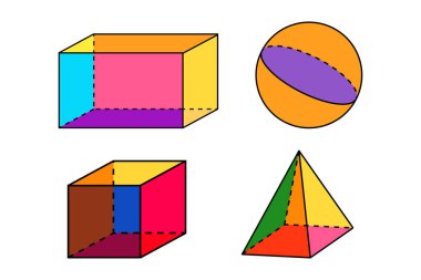 Küre, Küp, Küboid, Piramit Nesneleri 'nin Renkli Mutlu 3D Geometrik Şekilleri