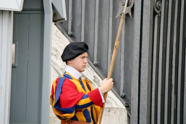 Rome, Italy - September 15 2022: Papal or Pontifical Swiss Guard Close Up in Saint Peter's Basilica, Vatican, Rome, Italy clipart