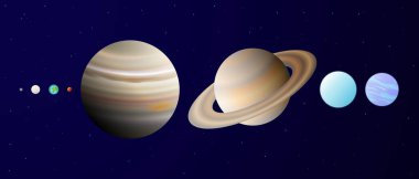 Realistic Proportions or Size of the Planets of the Solar System. Mercury, Venus, Earth, Mars, Jupiter, Saturn, Uranus, and Neptune Planet Measurements.  clipart