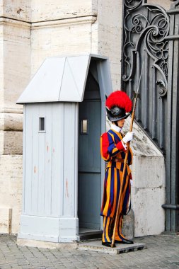 Rome, Italy - September 16 2022: Papal or Pontifical Swiss Guard Standing, Vatican, Rome, Italy