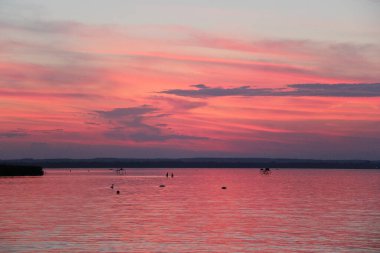 Balatonbereny, Macaristan - 13 Ağustos 2021: Balaton Gölü 'nden canlı Pembe Günbatımı Manzarası
