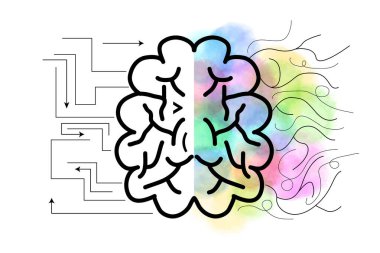 Basit Siyah ve Renkli Sol ve Sağ Beyin İllüstrasyonu