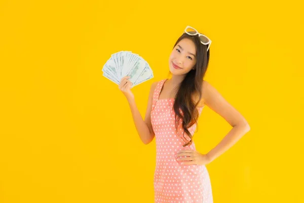 Portrait Beautiful Young Asian Woman Show Lot Cash Money Yellow — Stock Photo, Image