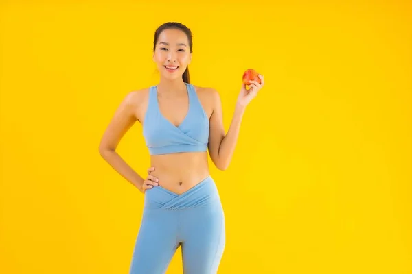 Portrait Beautiful Young Asian Woman Wear Sportwear Ready Exercise Apple — Stock Photo, Image