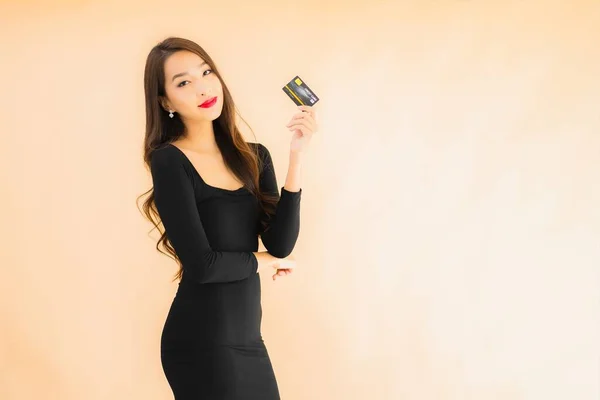 Portrait Beautiful Young Asian Woman Credit Card Shopping Color Isolated — Stock Photo, Image
