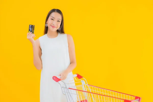 Porträtt Vacker Ung Asiatisk Kvinna Med Matkorg För Shopping Från — Stockfoto