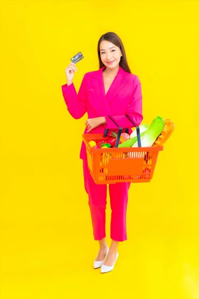 Portrait Beautiful Young Asian Woman Basket Cart Grocery Supermarket Color — Stock Photo, Image