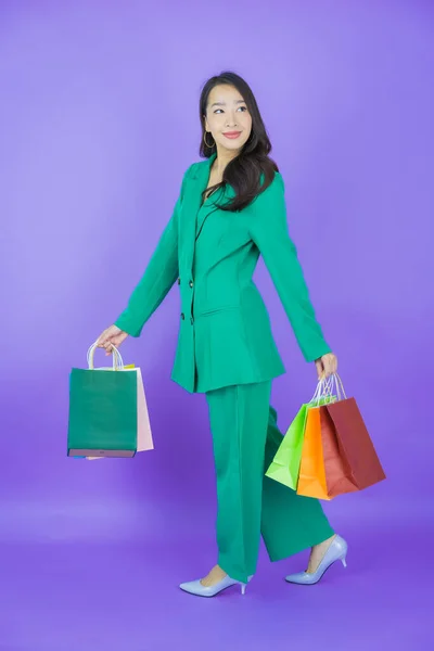 Portrait Beautiful Young Asian Woman Smile Shopping Bag Color Background — Stock Photo, Image