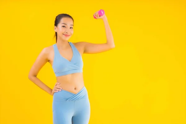 Portrait Beautiful Young Asian Woman Dumbbell Sportwear Ready Exercise Yellow — Stock Photo, Image