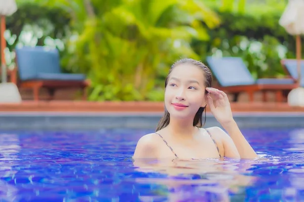 Portrait Beautiful Young Asian Woman Relax Smile Leisure Outdoor Swimming — Stock Photo, Image