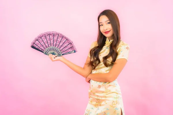 Portrait Beautiful Young Asian Woman Chinese New Year Concept Fan — Stock Photo, Image