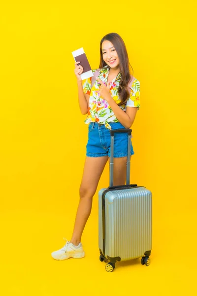 Portrait Beautiful Young Asian Woman Wear Colorful Shirt Backpacker Luggage — Stock Photo, Image