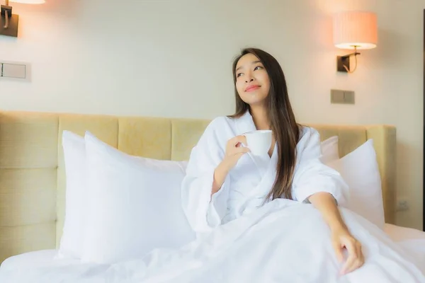 Portrait Beautiful Young Asian Woman Coffee Cup Bed Bedroom Interior — Stock Photo, Image