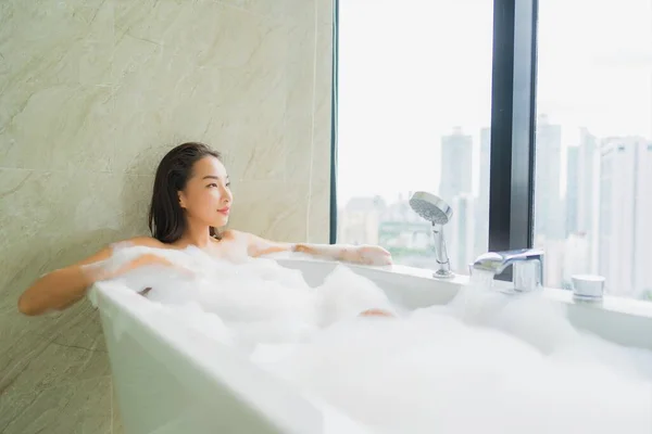 Portrait Beautiful Young Asian Woman Relax Leisure Bathtub Decoration Bathroom — Stock Photo, Image
