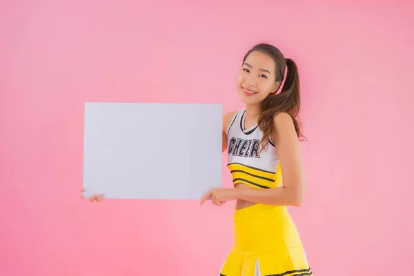 Portrait Beautiful Young Asian Woman Show White Empty Billboard Text — Stock Photo, Image
