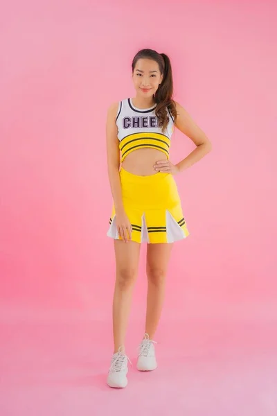 Portrait Beautiful Young Asian Woman Cheerleader Pink Isolated Background — Stock Photo, Image