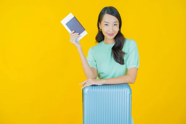 Portrait Beautiful Young Asian Woman Luggage Bag Passport Ready Travel — Stock Photo, Image