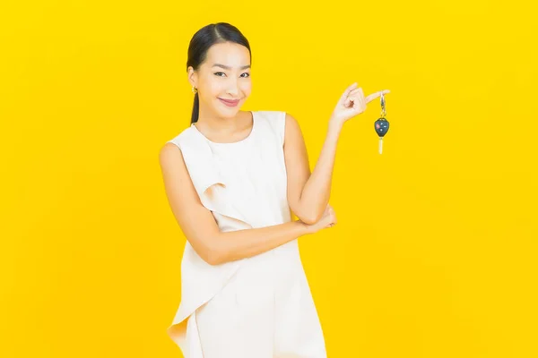 Portrait Beautiful Young Asian Woman Smile Car Key Yellow Color — Stock Photo, Image