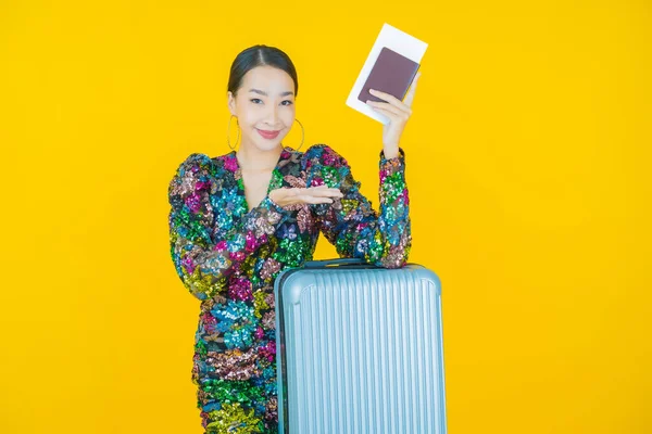 Portrait Beautiful Young Asian Woman Luggage Bag Passport Ready Travel — Stock Photo, Image