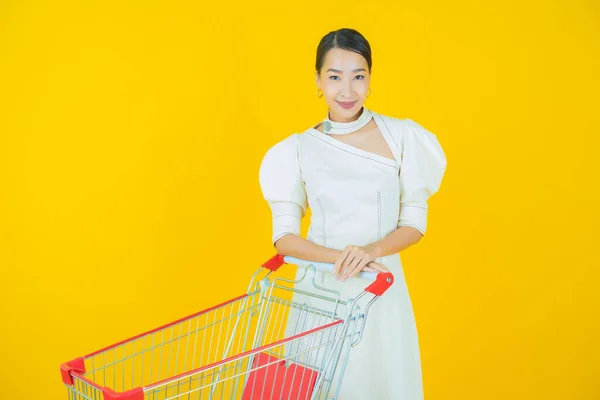 Portrait Beautiful Young Asian Woman Smile Grocery Basket Supermarket Color — Stock Photo, Image