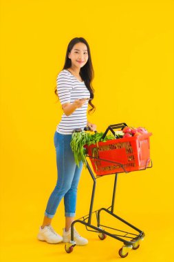 Sarı izole edilmiş arka planda, süpermarketten alışveriş sepeti taşıyan güzel Asyalı kadın portresi