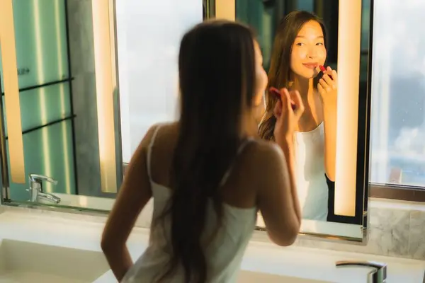 Portrait Beautiful Young Asian Woman Make Cosmetic Powder Lipstick Her — Stock Photo, Image