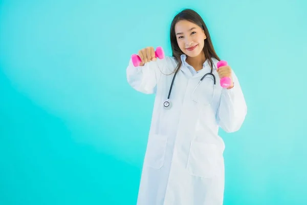 Portrait Beautiful Young Asian Doctor Woman Pink Dumbbell Exercise Blue — Stock Photo, Image