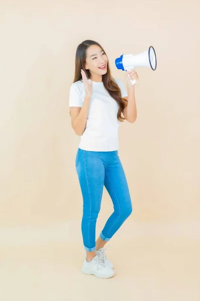 Portrait Beautiful Young Asian Woman Use Megaphone Communication Cream Color — Stock Photo, Image