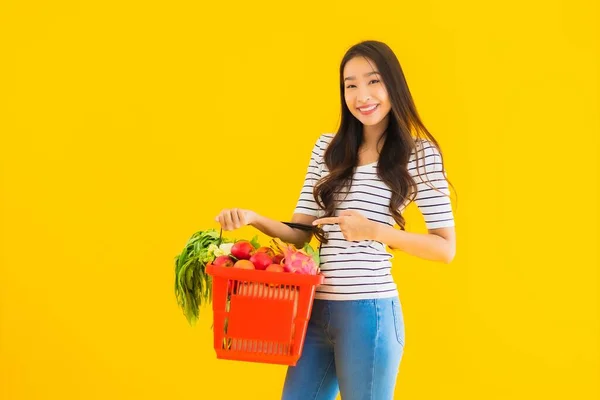 Portrait Beautiful Young Asian Woman Grocery Basket Cart Supermarket Shopping — Stock Photo, Image