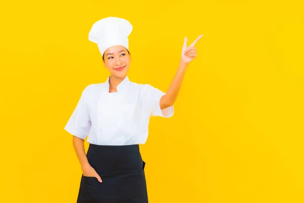 Portrait Beautiful Young Asian Woman Chef Cook Uniform Hat Yellow — Stock Photo, Image